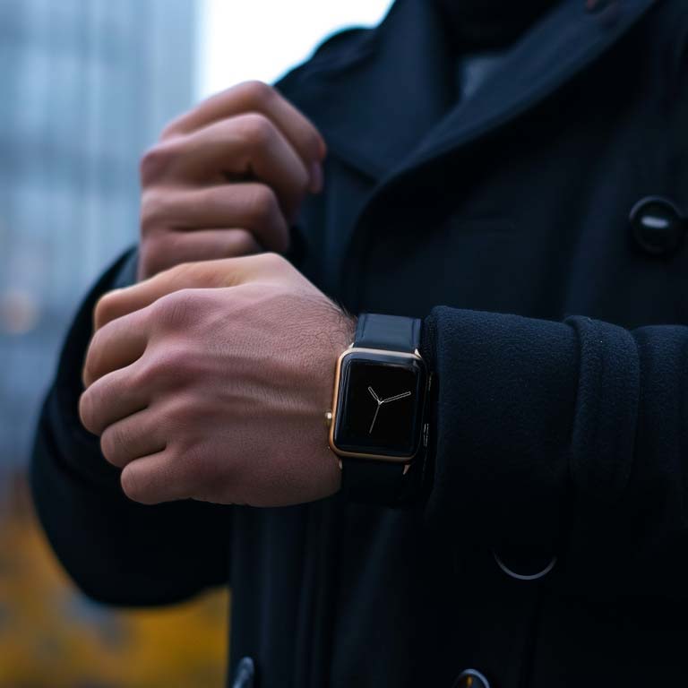 Mann steht mit dunklem Wollmantel draußen und trägt schwarze Apple Watch mit schwarzem Lederarmband STEN von vild Hamburg