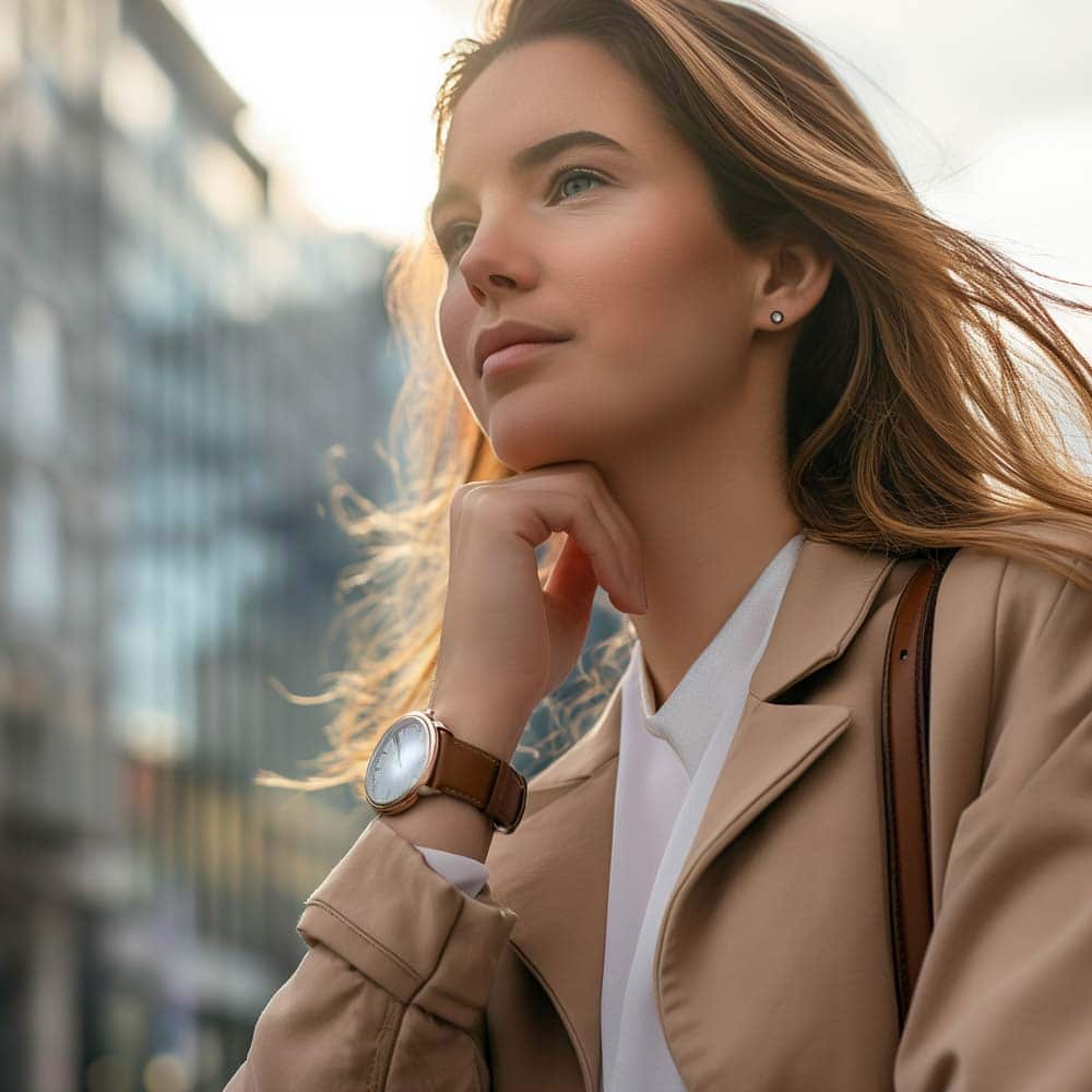 Woman in a light coat stands outside and wears a wristwatch with a leather strap from vild Hamburg