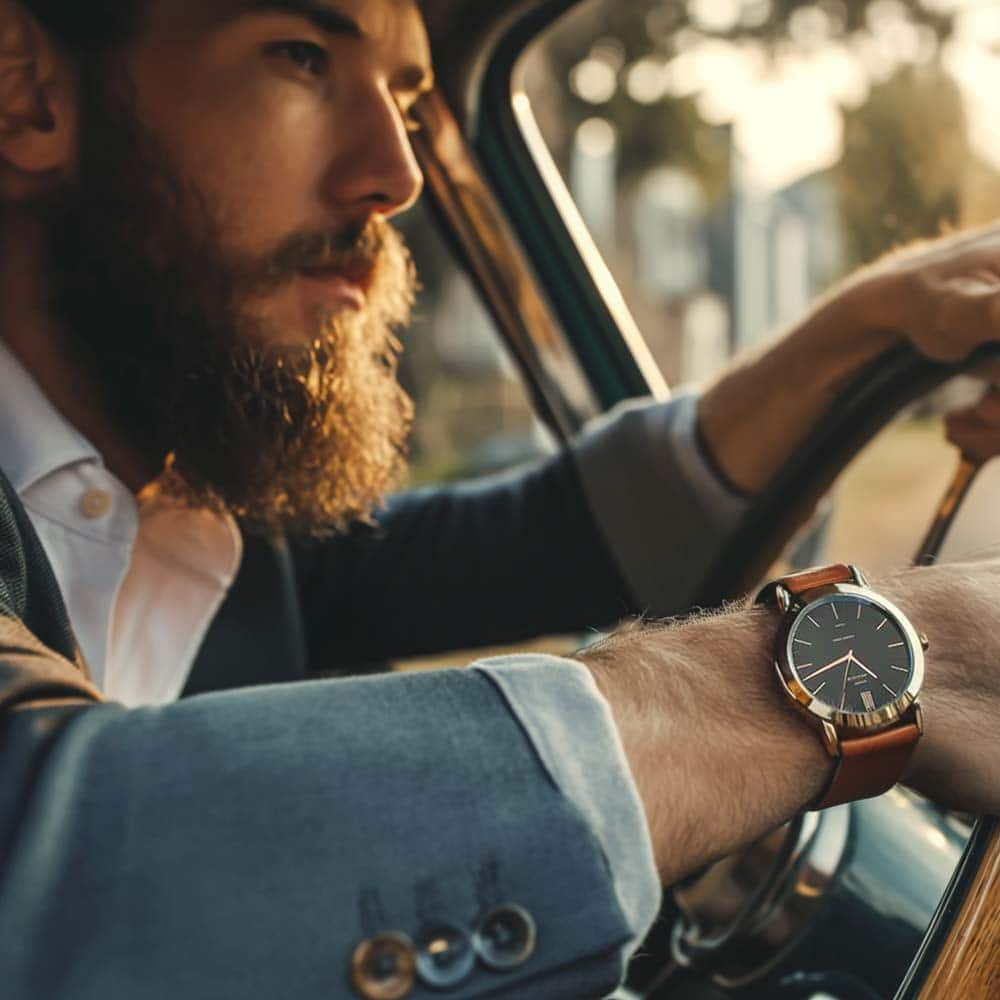Man in jacket drives vintage car and wears watch with brown Nato leather strap from vild Hamburg