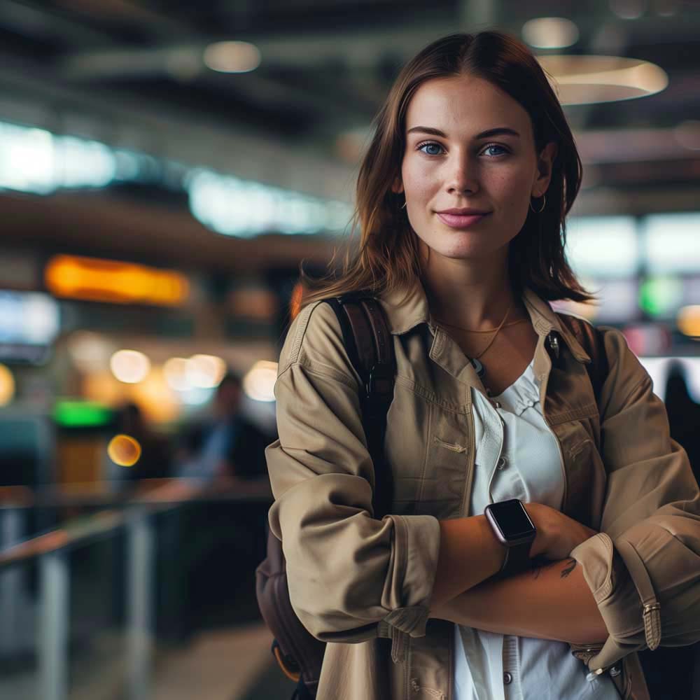 Frau mit heller Jacke steht in Flughafen und trägt Apple Watch mit dunklem Wildlederarmband von vild Hamburg
