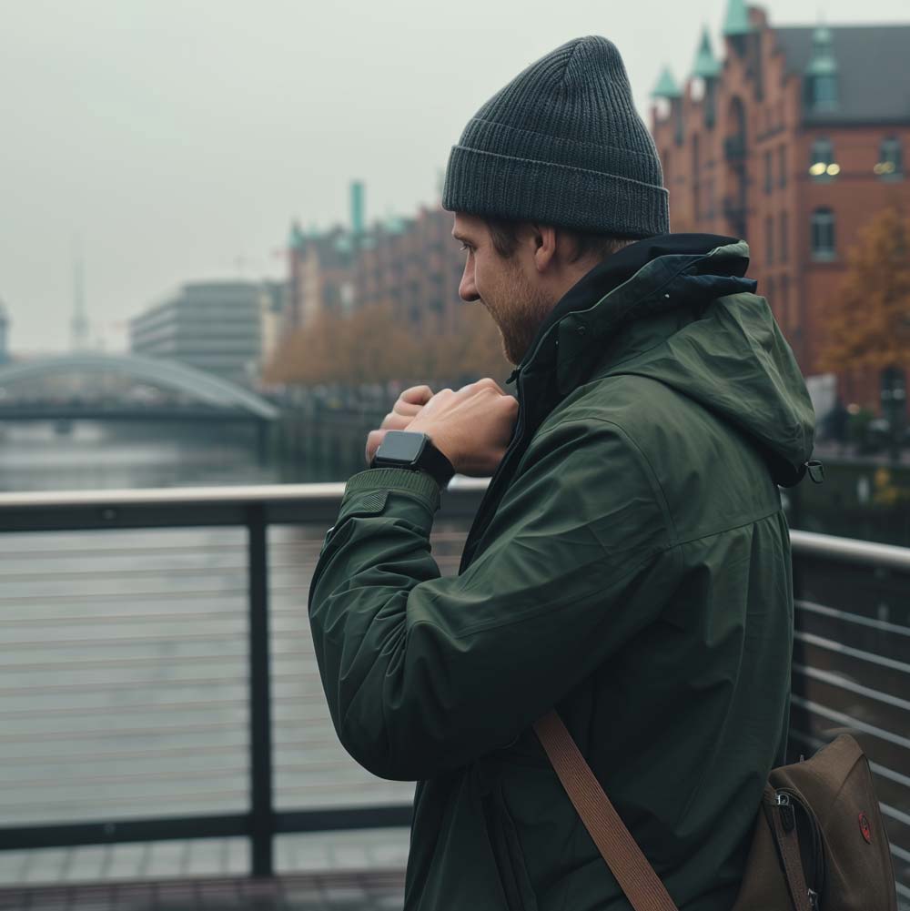 Mann steht in Speicherstadt Hamburg mit Regenjacke und trägt schwarze Apple Watch mit schwarzem Wildlederarmband SINISTER von vild Hamburg