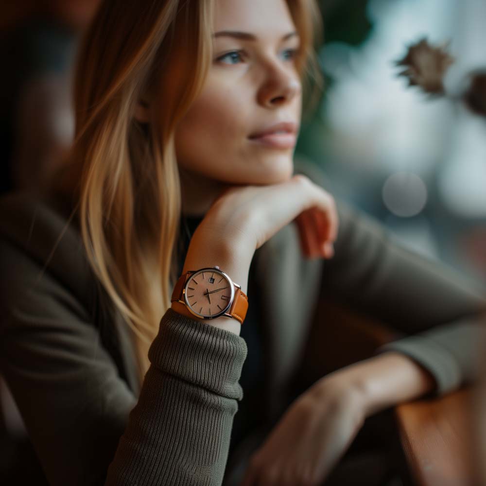Frau sitzt in Cafe und trägt Armbanduhr mit Karamell braunem Lederarmband von vild Hamburg