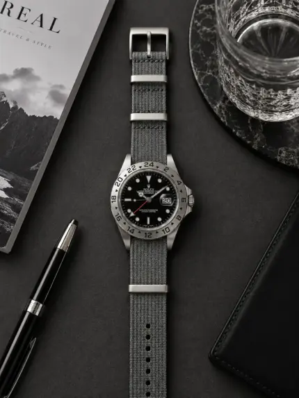 Grey premium NATO strap from vild Hamburg on a Rolex Explorer II 16570 Black, photographed from above on a decorated table