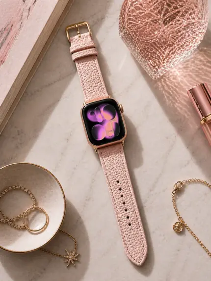 Apple Watch leather strap in rose gold by vild Hamburg, mounted on the watch and photographed from above with stylish decoration