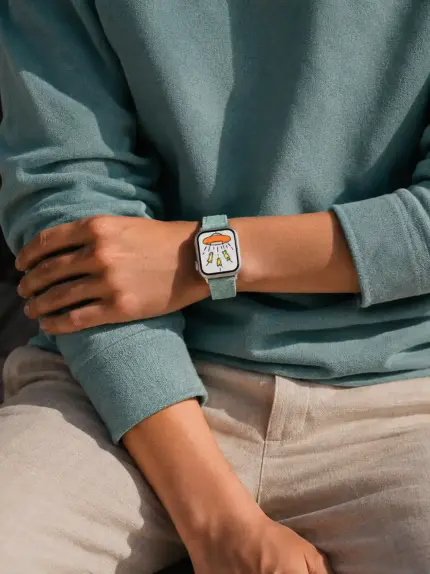 Mann in türkisem Pullover und heller Leinenhose sitzt und trägt eine matt silberne Apple Watch mit türkisem Wildlederarmband von vild Hamburg.