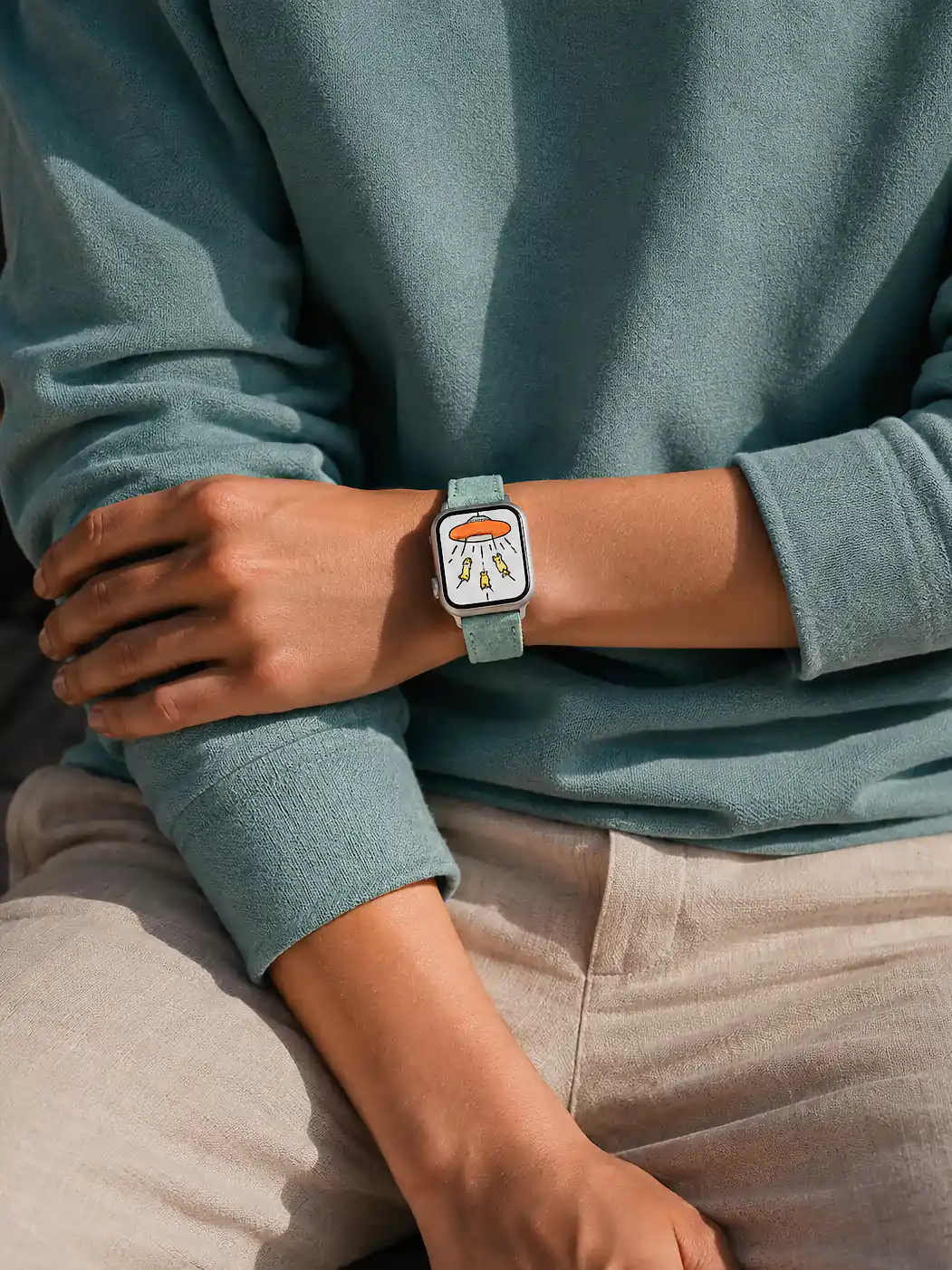 apple-watch-polarstern-suede-band-turquoise-wrist-man-vild-hamburg A man in a turquoise sweater and light linen trousers sits and wears a matte silver Apple Watch with a turquoise suede strap from vild Hamburg.