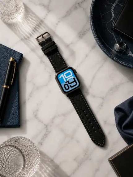 Apple Watch Canvas Band in black by vild Hamburg, mounted on the Apple Watch and shown from above with matching decoration