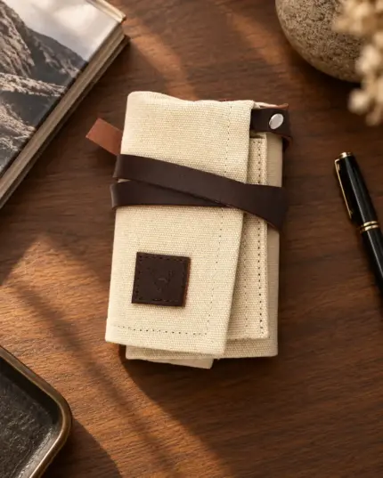 Vild Canvas watch roll in sand color, rolled up on a wooden table, shown from above.