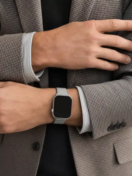 Mann in gemustertem Jacket trägt eine silberne Apple Watch mit grauem Lederarmband von vild.