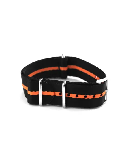 SEAFARER NATO watch strap, black and orange, shown closed