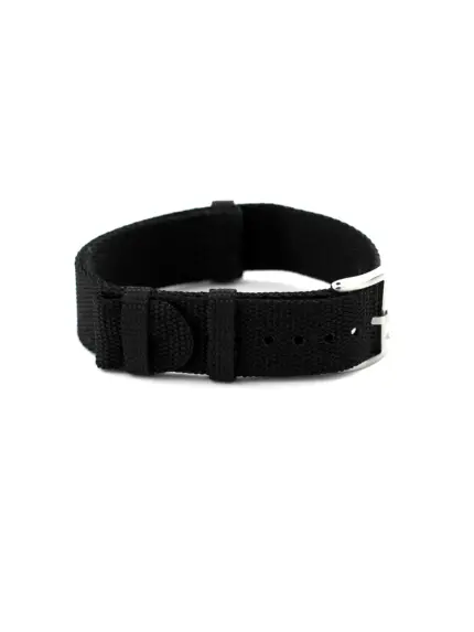ONYX Woven NATO watch strap in deep black, shown closed