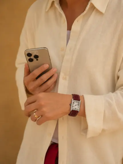 Berry-colored leather watch strap by vild Hamburg worn on a Cartier Tank Solo watch on the wrist of a woman wearing a beige blouse and holding an iPhone.